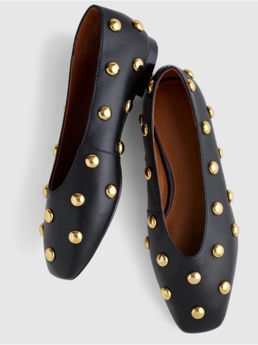 Madewell Black Leather Studded Ballet Flats with Gold Domes